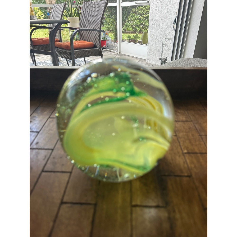 Vintage Green and Yellow Swirl Art Glass Paperweight Controlled Bubble 5.13lb